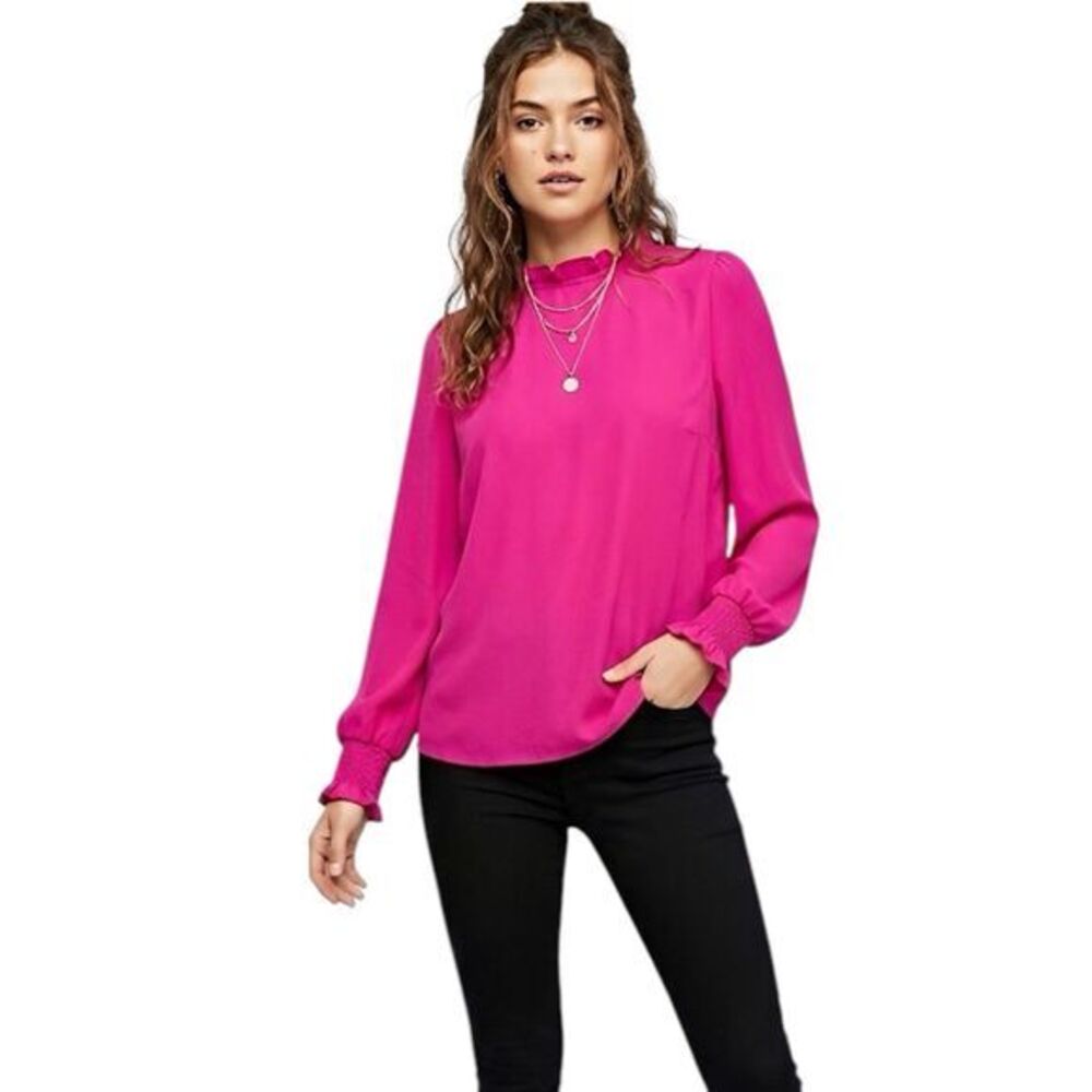 J.Crew Blouse Sz XS Ruffle Long Sleeve Mock Neckline Pink Secretary Office Work
